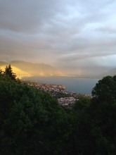 Evening storm with sunlight reflection. Lac Lemàn