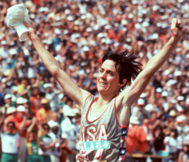 Joan Benoit winning the first women's Olympic marathon in 1984. A giant step for women athletes even if without a sports bra.